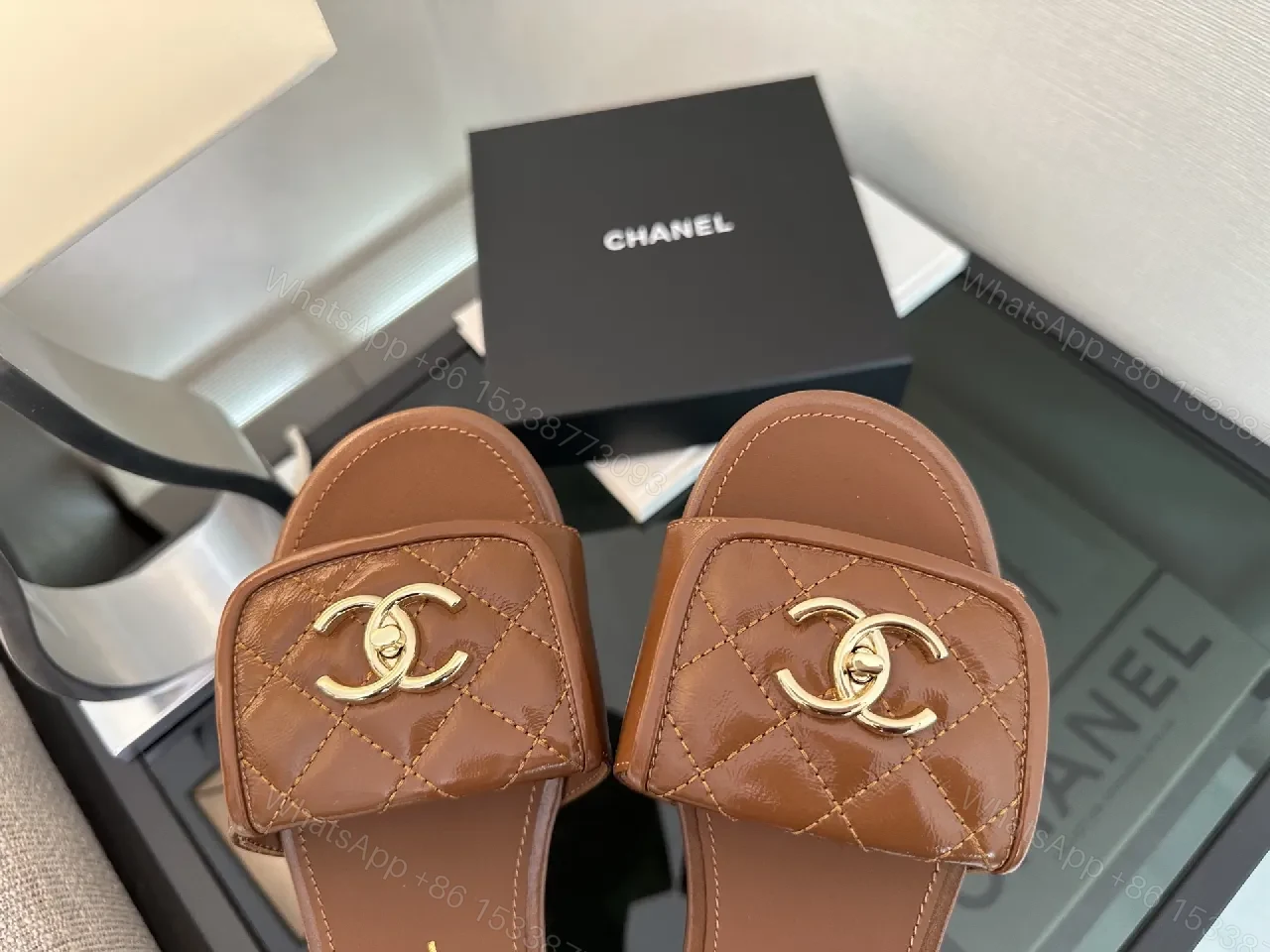 View 3 of Brown Quilted Sandals with Gold Logo, Open-Toe Slip-On, Luxury Style