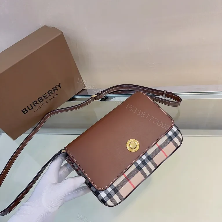 View 9 of Chic Burberry-Inspired Leather Crossbody Bag with Checkered Front