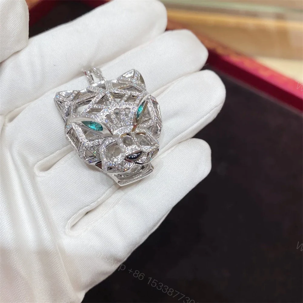 View 3 of Panthere De Cartier Hollow Head Necklace Full Pave Diamonds