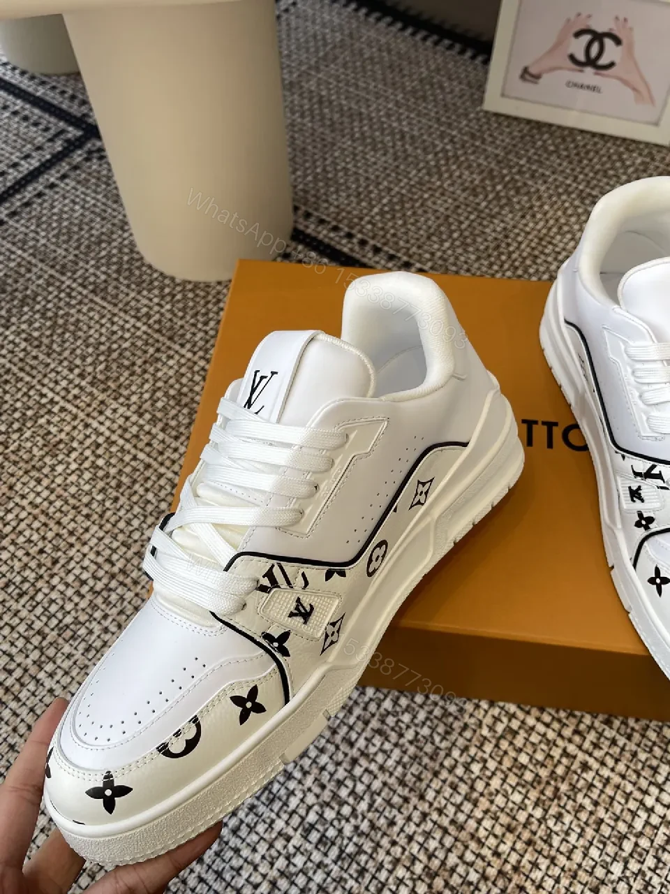 View 2 of Pattern-Statement White Leather High-Tops with LV Detailing