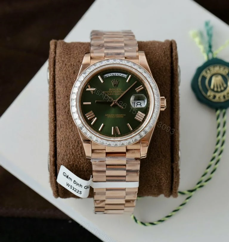 Rolex Day-Date 40mm Super Clone Green Dial Gold Wrapped + Moissanite Baguette Diamonds — view 1