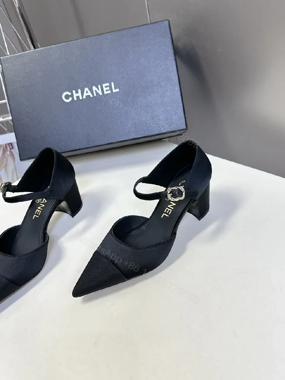 View 6 of Chic Black Pointed-Toe Heels with Ankle Strap