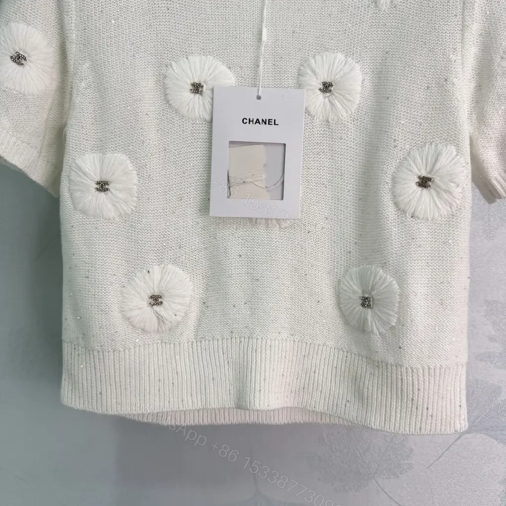 View 5 of White Knit Polo Top with Daisy Floral Embellishments, Pullover