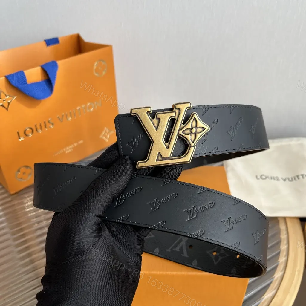 View 5 of Dark Gray/Black Leather Belt – LV Monogram, Pebbled Texture, Silver Buckle