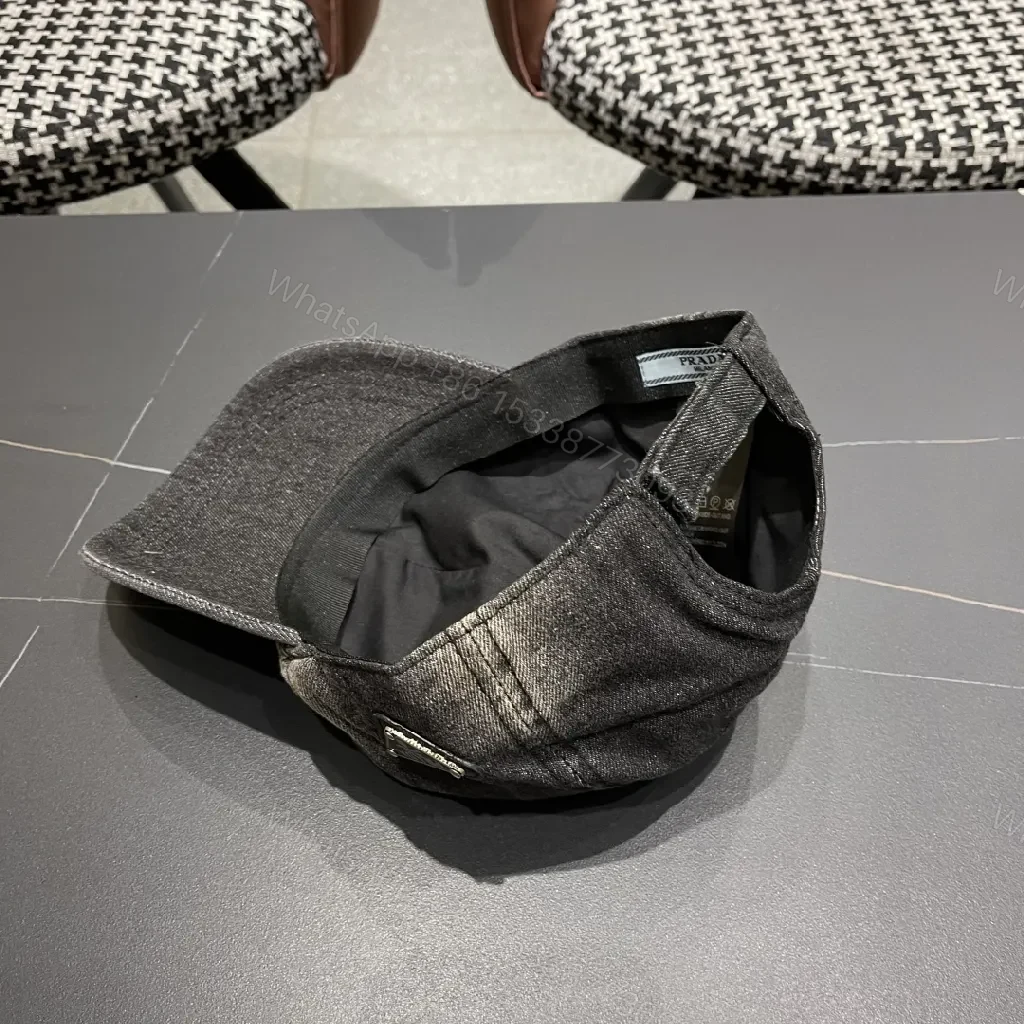 View 3 of Black Denim Cap with Subtle Triangle Emblem