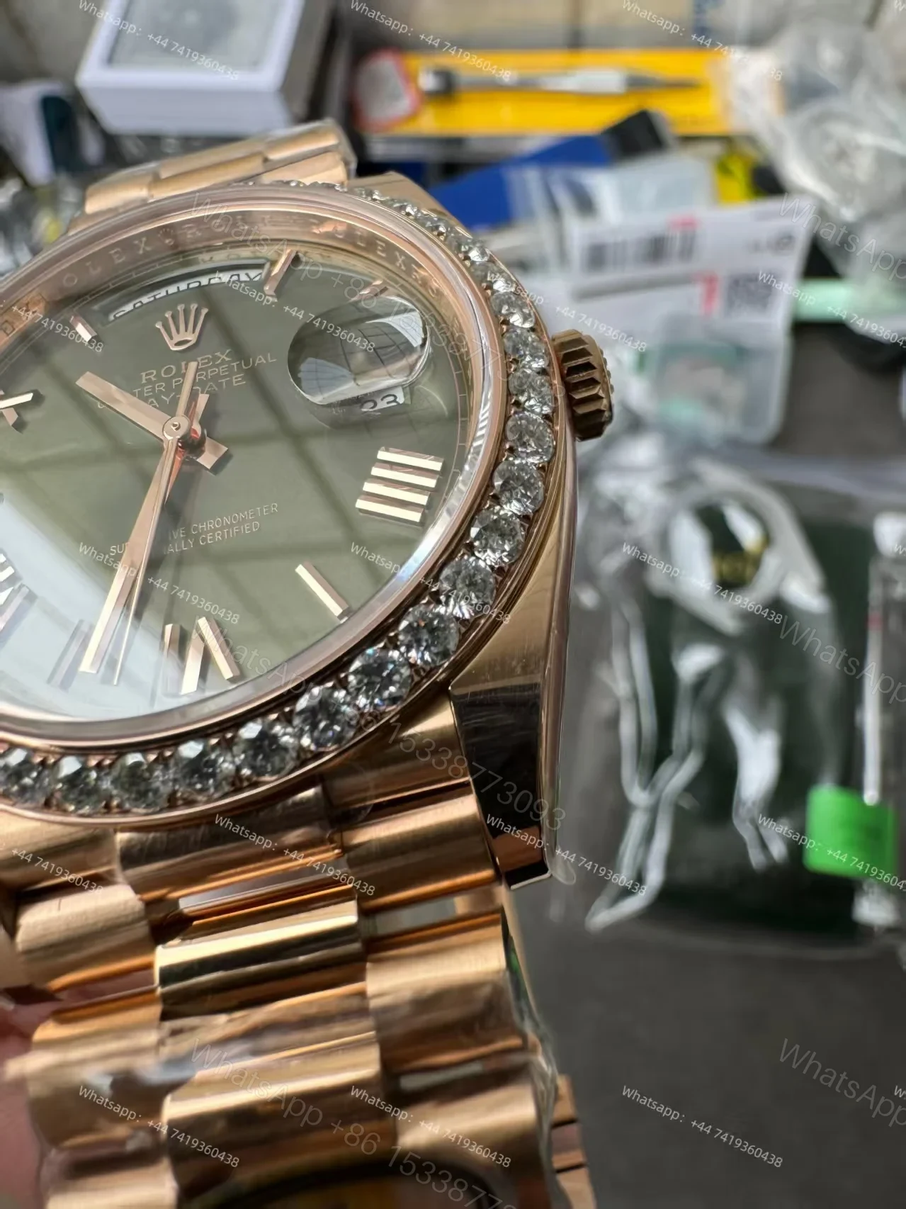 View 6 of Rolex Day-Date M228345RBR-0011 1:1 Replica Olive Green Dial Moissanite Bezel 40MM 3255 Movement Presidential Bracelet Super Clone Watch