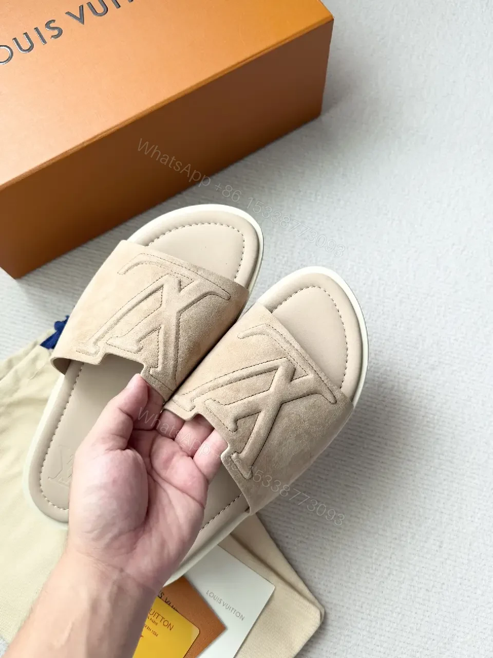 View 3 of Soft-Tone LV-Inspired Suede Slip-On Sandal with Cushioned Footbed
