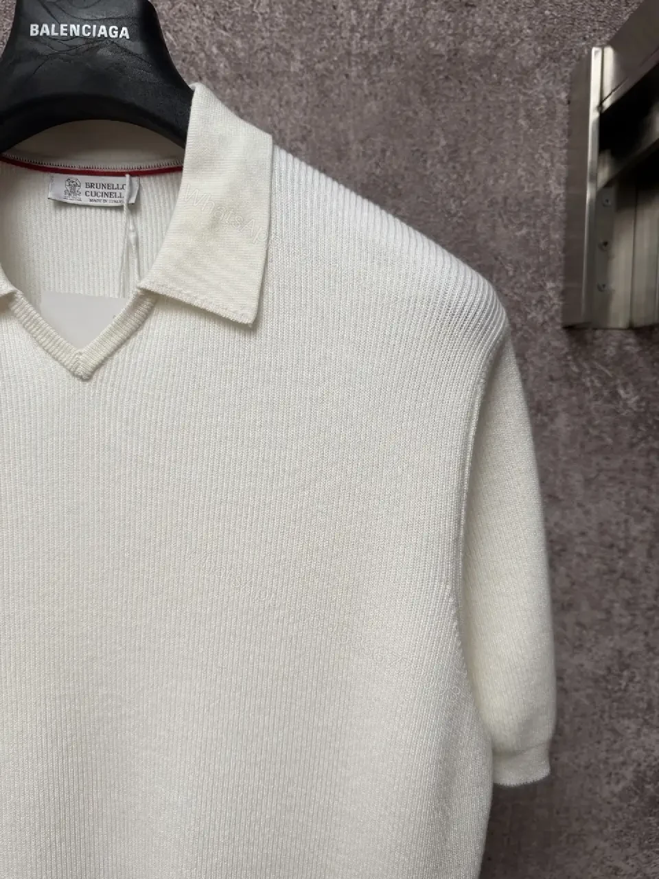 View 5 of Off-White Cream Ribbed Knit Polo Sweater, Short Sleeve, Drop-Shoulder