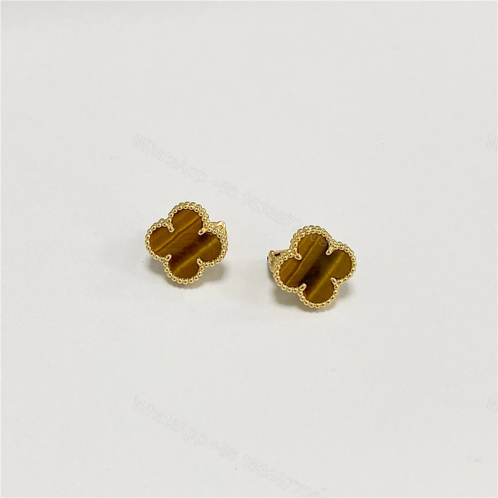 Replica VCA 18K Yellow Gold Vintage Alhambra Earrings Tiger Eyes VCARD40500 — view 1