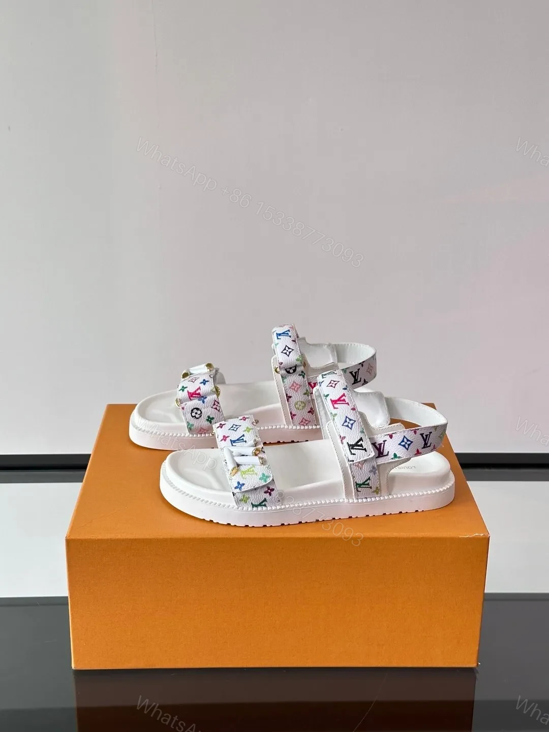 View 3 of LV Men White Canvas Multicolor Logo Sandals