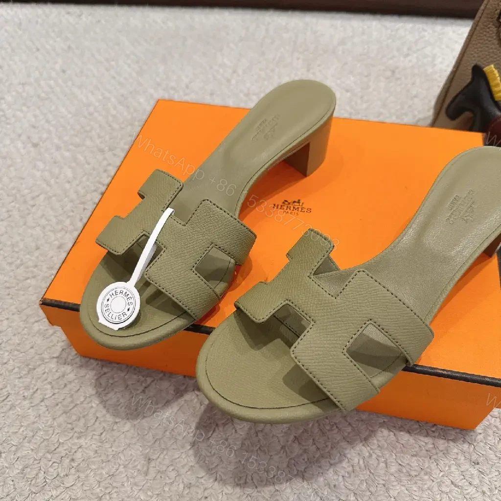 View 2 of Olive Green Leather H-Style Sandals Hermès Style Slide