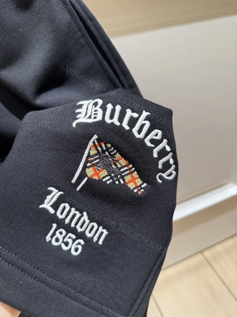 View 4 of Black Nylon Sweatshorts Drawstring Burberry Style Logo Embroidery Shorts