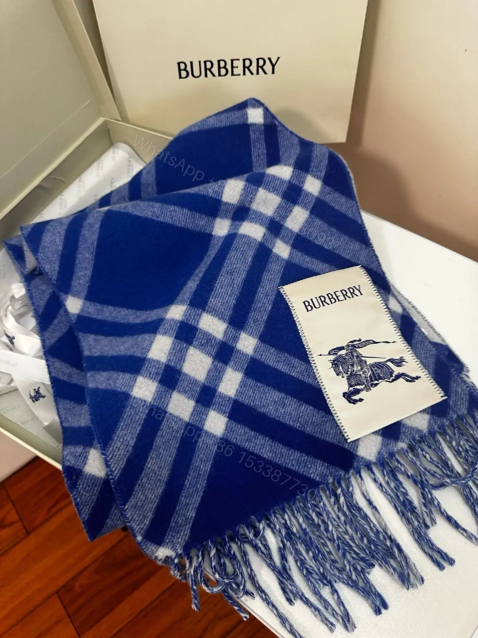View 9 of Blue Plaid Throw with Fringed Edge – Luxurious All-Season Comfort