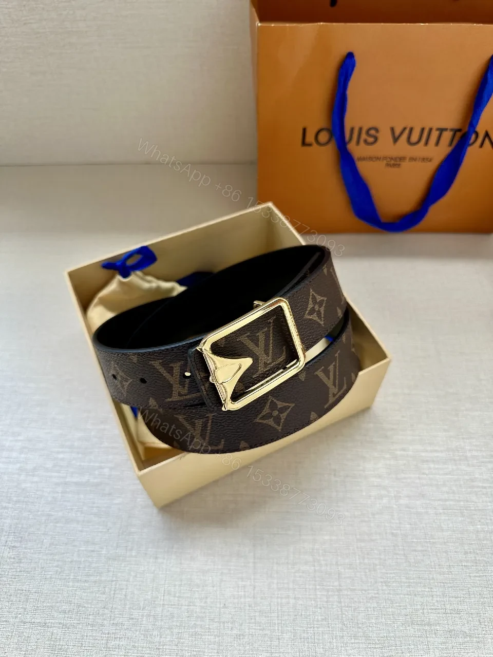 View 8 of Leather Belt Monogram & Gold Buckle: Subtle Luxury Belt