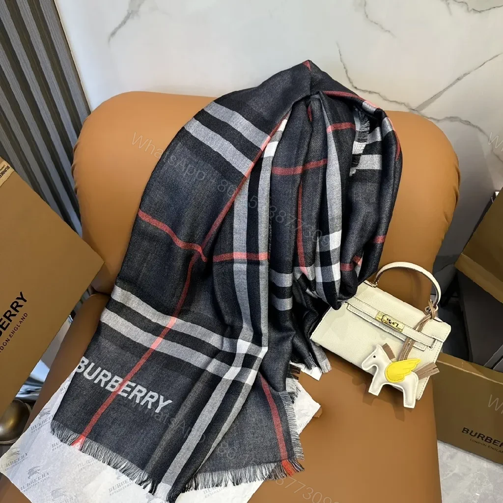 View 9 of Charcoal Plaid Wool-Blend Scarf with Fringe Detailing