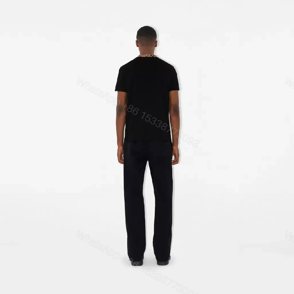 View 2 of Black Cotton T-shirt Plaid Neckline Detail Short Sleeve Tee