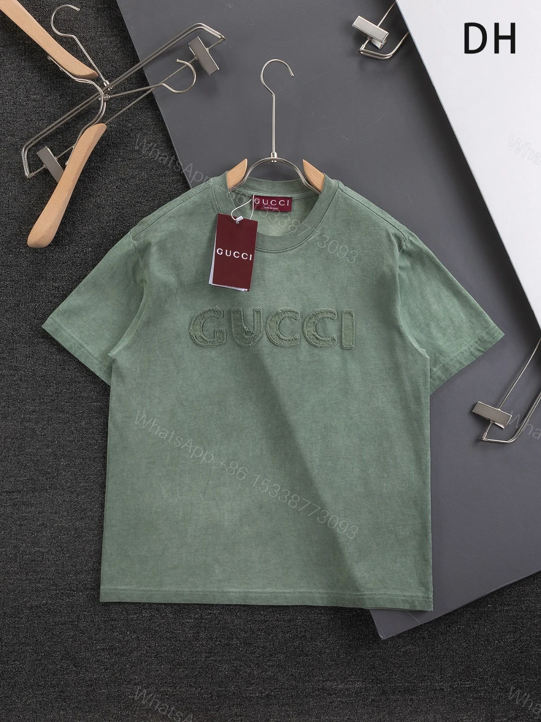 Gucci高仿短袖T恤男士水洗綠色立體刺繡LOGO潮感設計款 — view 1