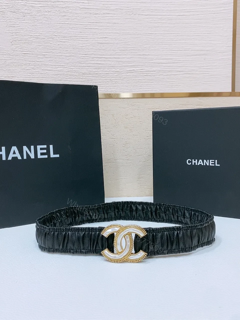 Black Pleated Belt with Gold Logo Buckle — view 1