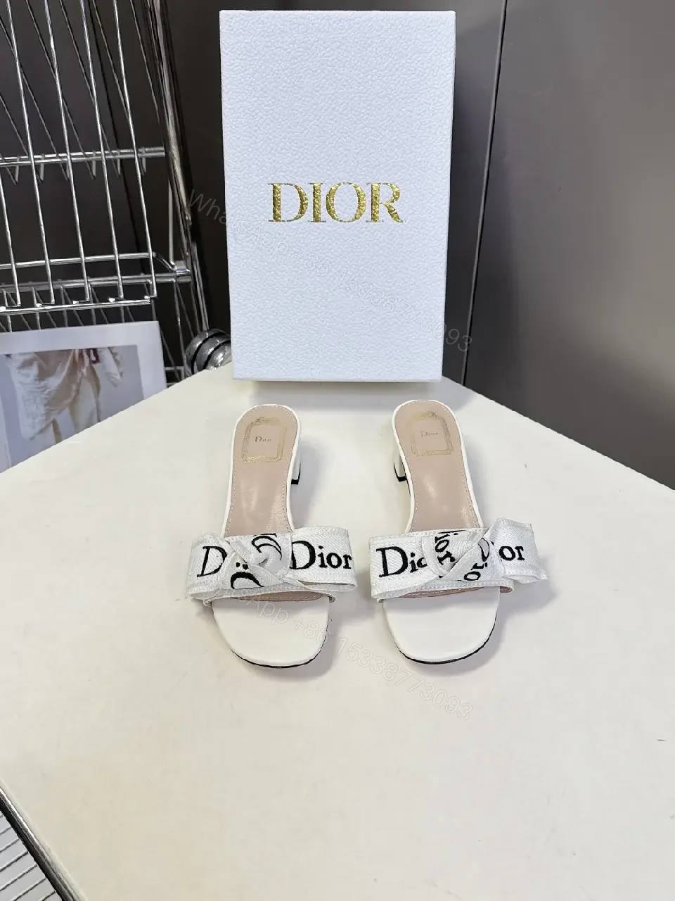 View 7 of White Leather Dior-Style Bow Sandals, Slip-On Heeled Slide
