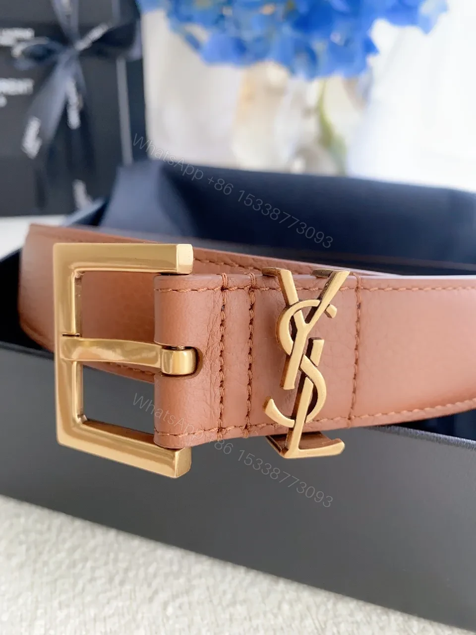 View 5 of Brown Leather Belt Gold Buckle: Designer-Inspired, Luxury Finish