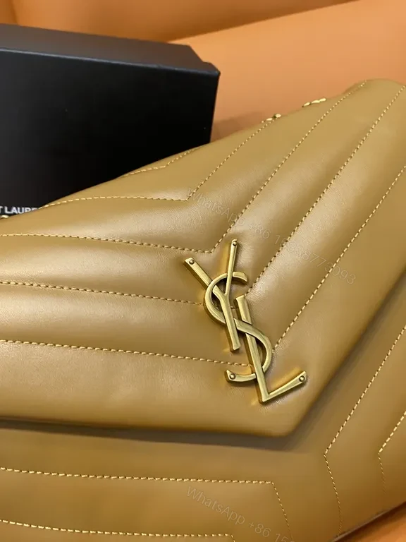 View 9 of Beige-Tan Calfskin Chevron Envelope Bag with Gold YSL Hardware