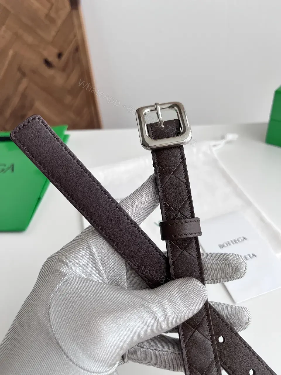 View 4 of Diamond-Quilted Leather Belt with Silver Buckle