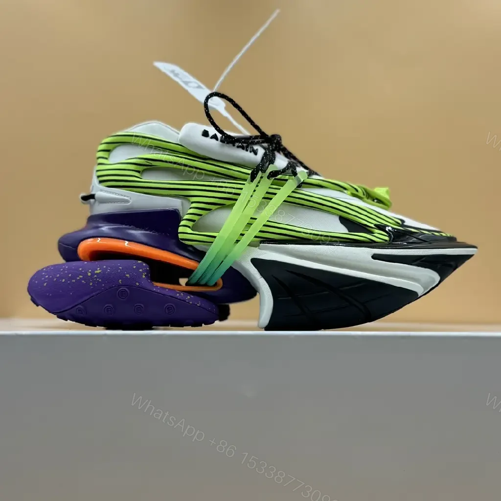 View 2 of Neon green striped sneaker in mixed materials for premium everyday luxury