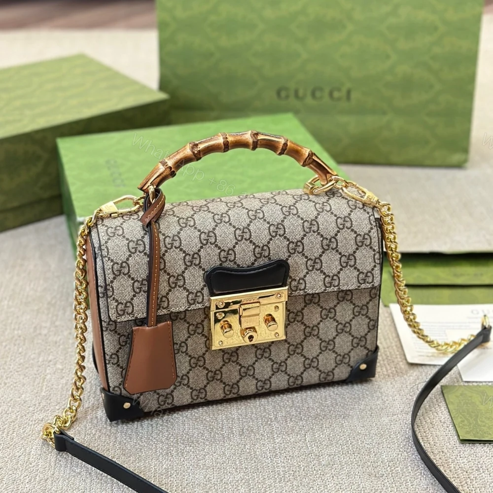 View 3 of Gucci Padlock Bamboo Handle GG Supreme Handbag Brown 25Cm