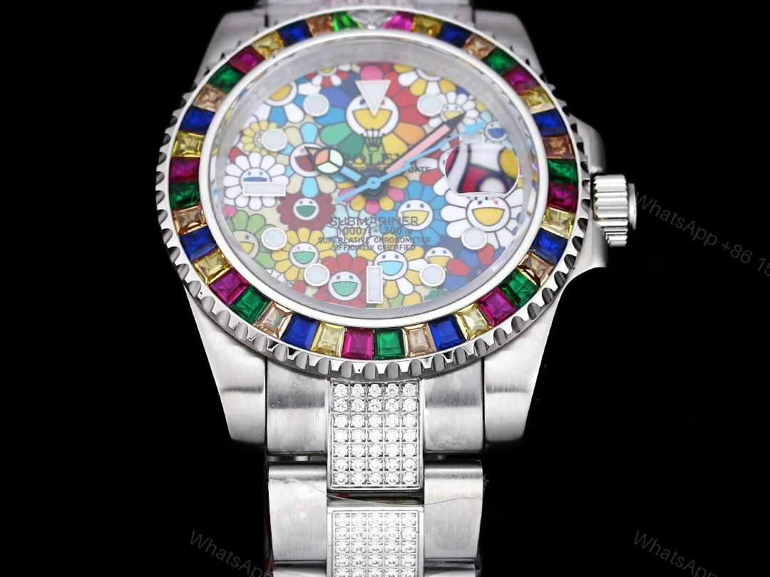 View 2 of Rolex Submariner Colorful Rainbow Replica 42MM Premium Pavé Oyster Bracelet RG-ROLEX-SUB-COLORFUL-RAINBOW-42