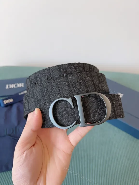 View 2 of Patterned Luxury Belt with Signature Buckle Belt, Monogram Calfskin, Dior-style