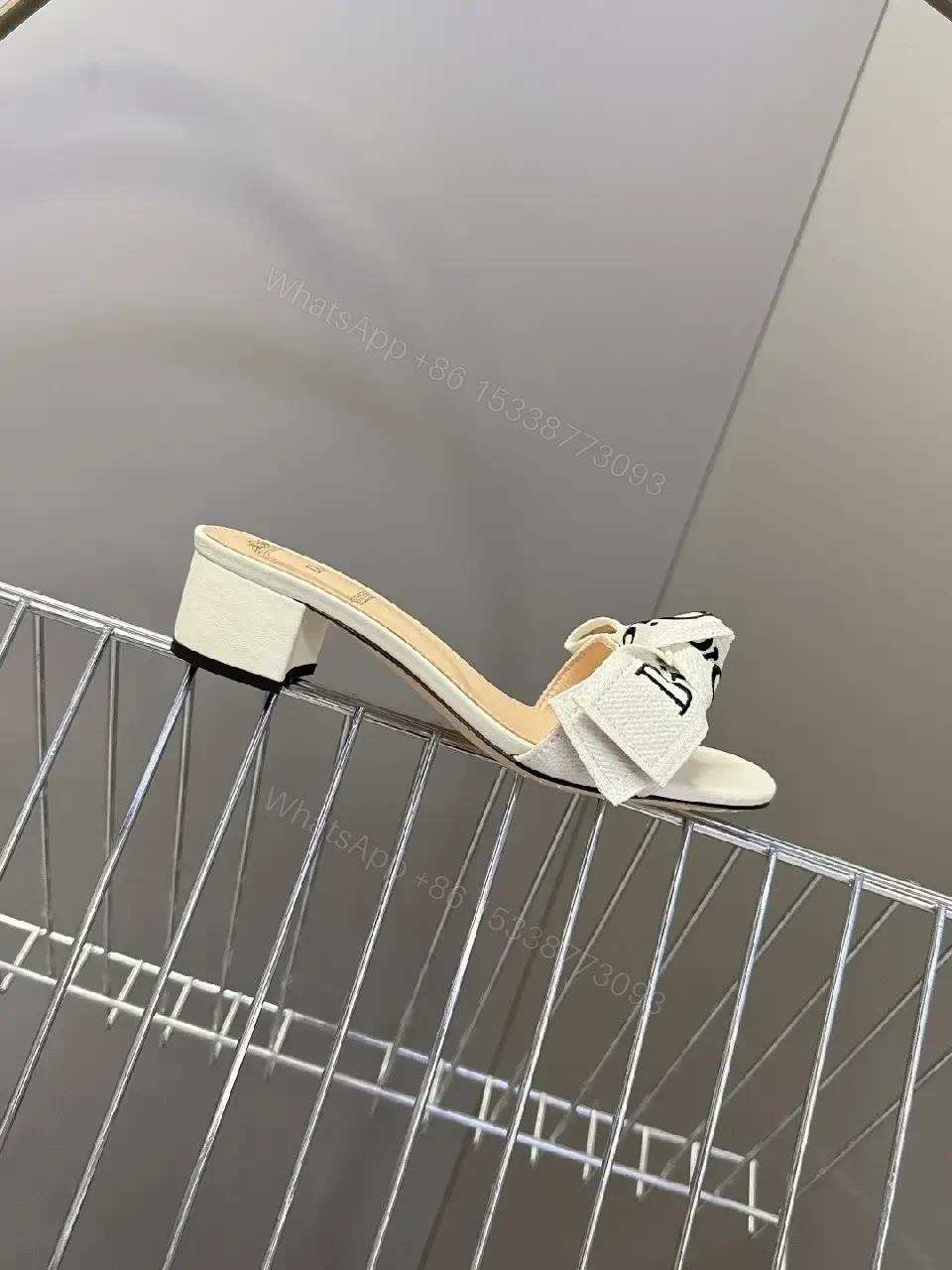 View 5 of White Leather Dior-Style Bow Sandals, Slip-On Heeled Slide