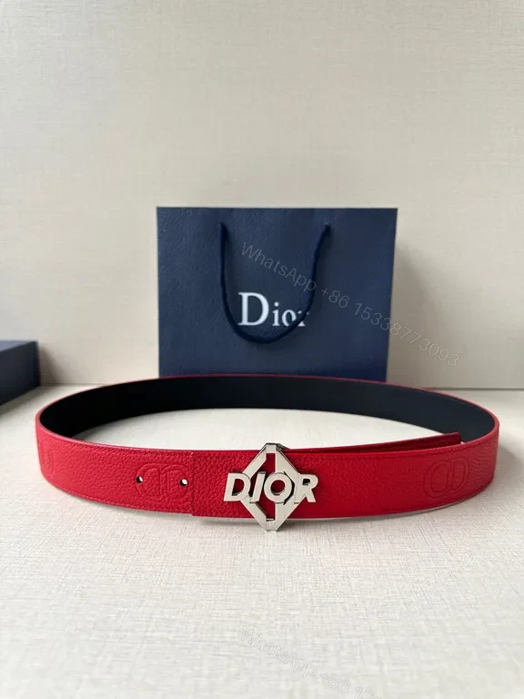 View 7 of Bold Red Leather Belt with Dior Logo Buckle - Statement Luxury Belt