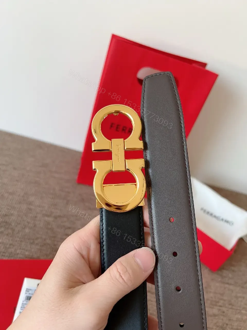 View 4 of Elegant Black Leather Belt with Gold Hardware