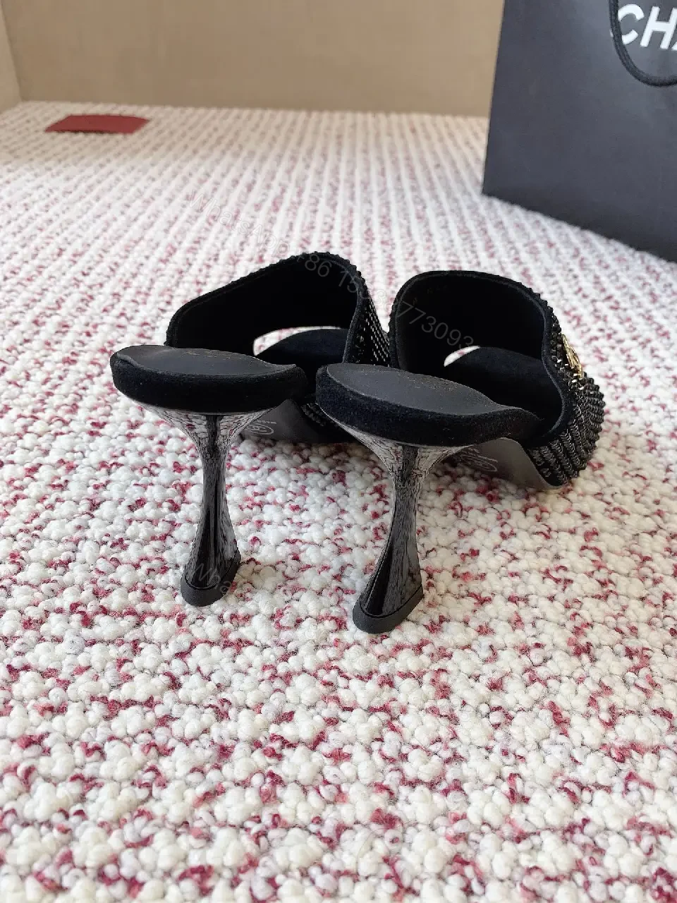 View 3 of Black Velvet Crystal Dainty Mules with Chanel Logo Heels