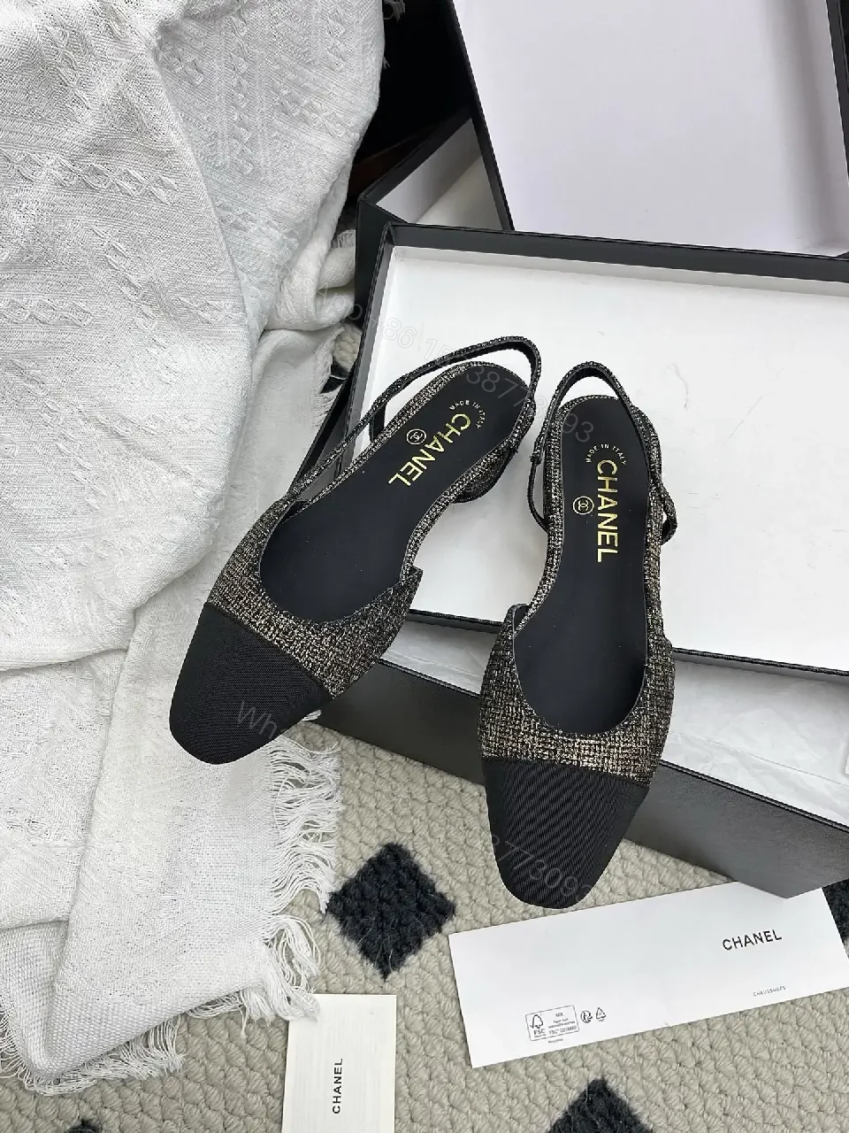 View 10 of Tweed-Textured Flats with Black Cap Toe - Ballet Style, Bowed Details
