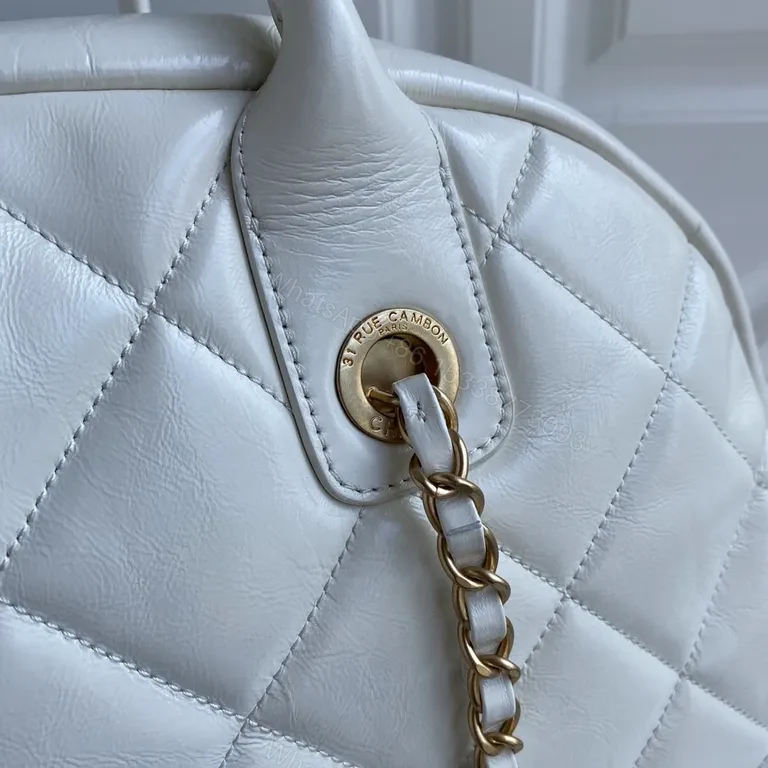 View 4 of White Quilted Weekend Bag: Gold Chain, CC-Inspired Luxury