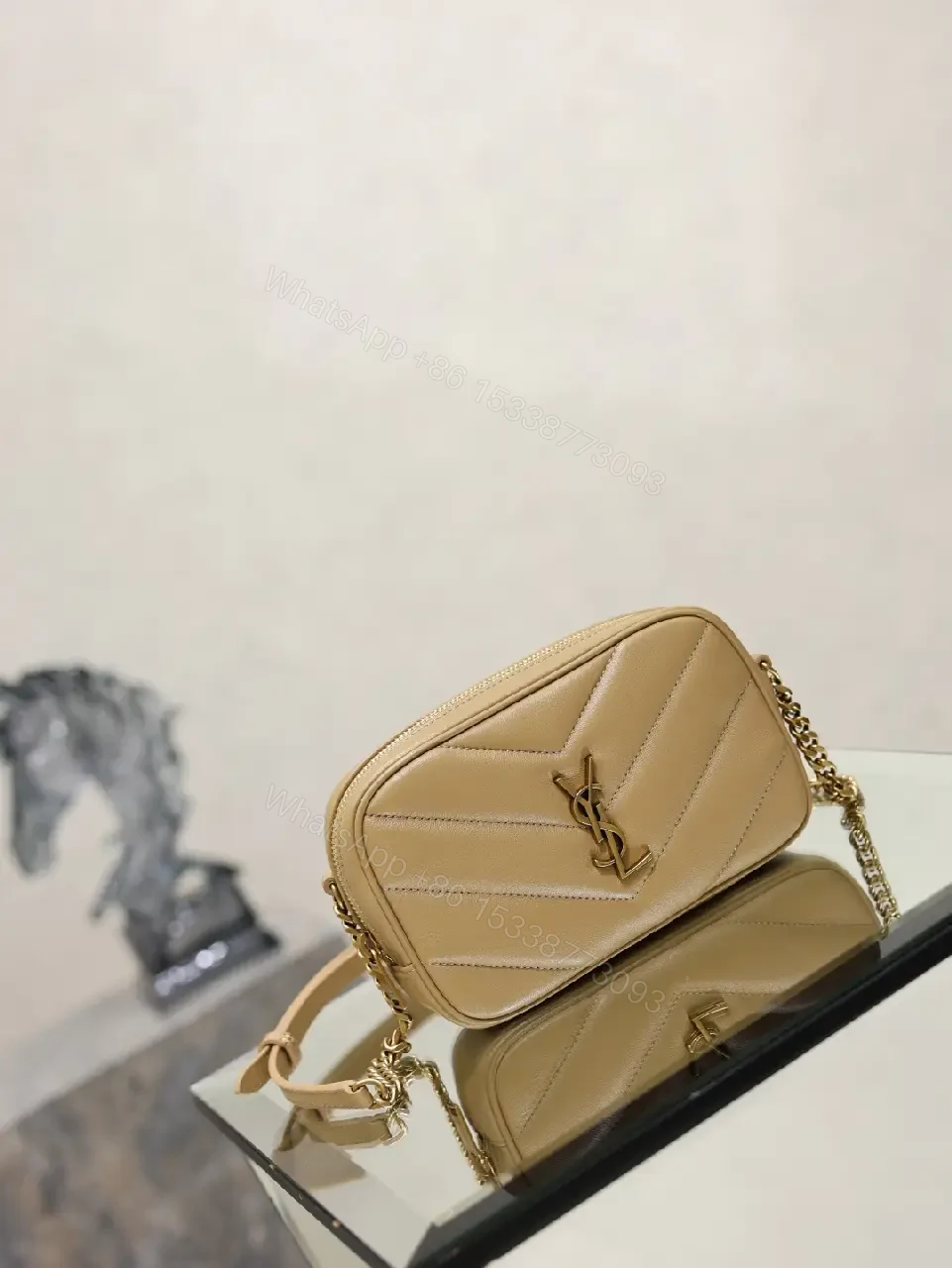 View 9 of Beige Leather Chevron Crossbody Bag with Gold YSL Logo