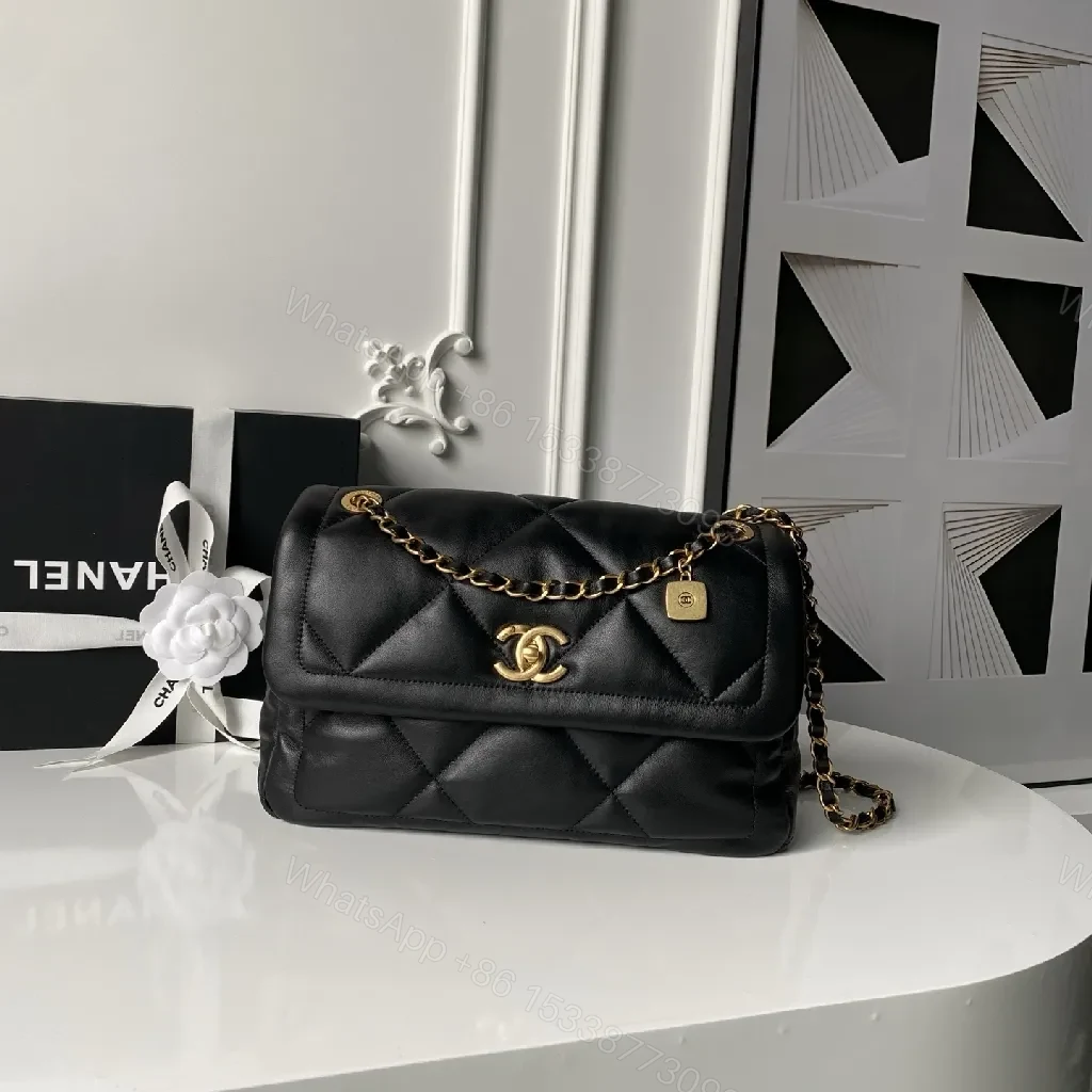 Compact Quilted Black Chain Bag - Gold Hardware — view 1