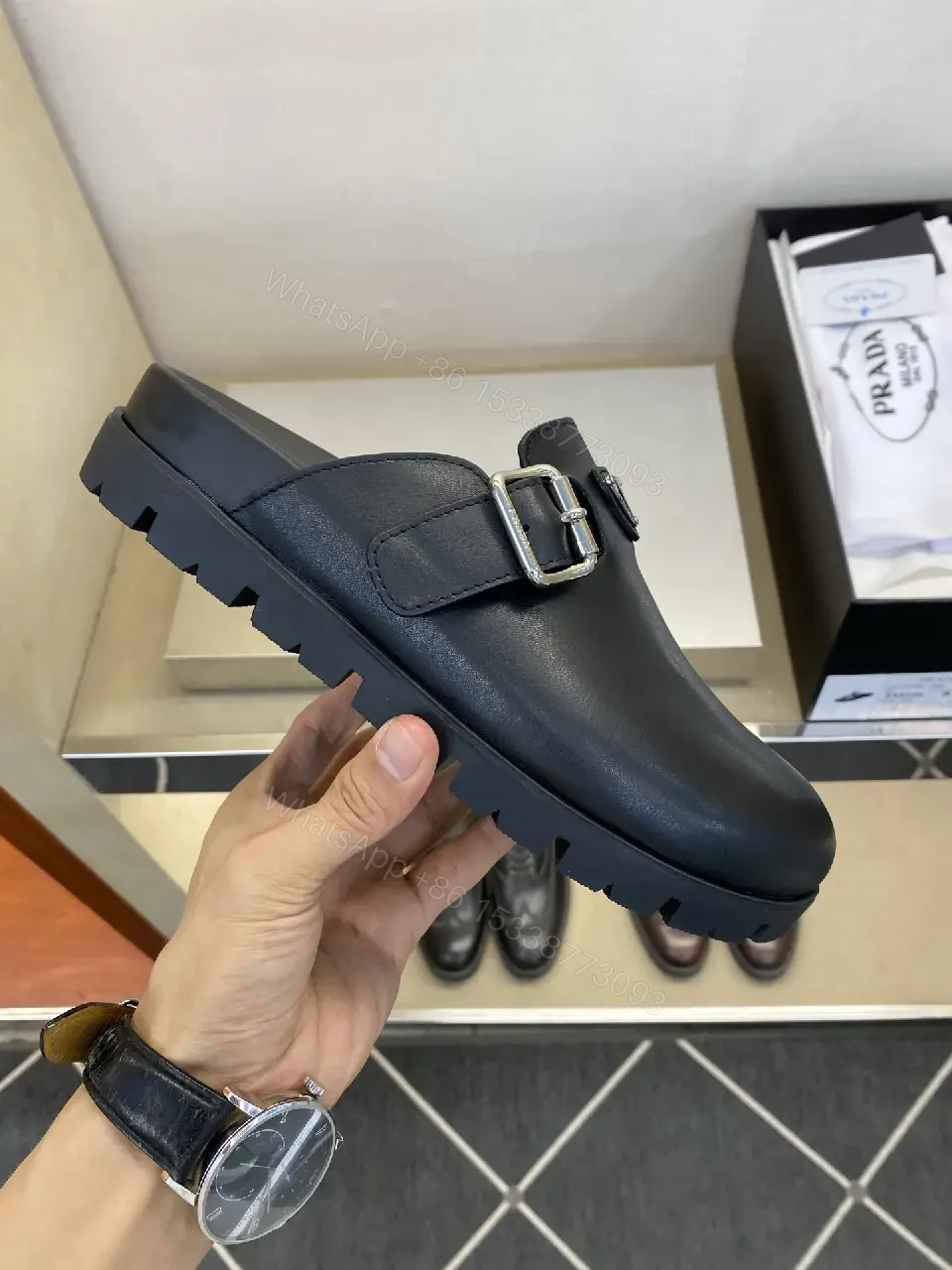 View 5 of Black Leather Slip-ons Mens Prada Style Buckle Sandals