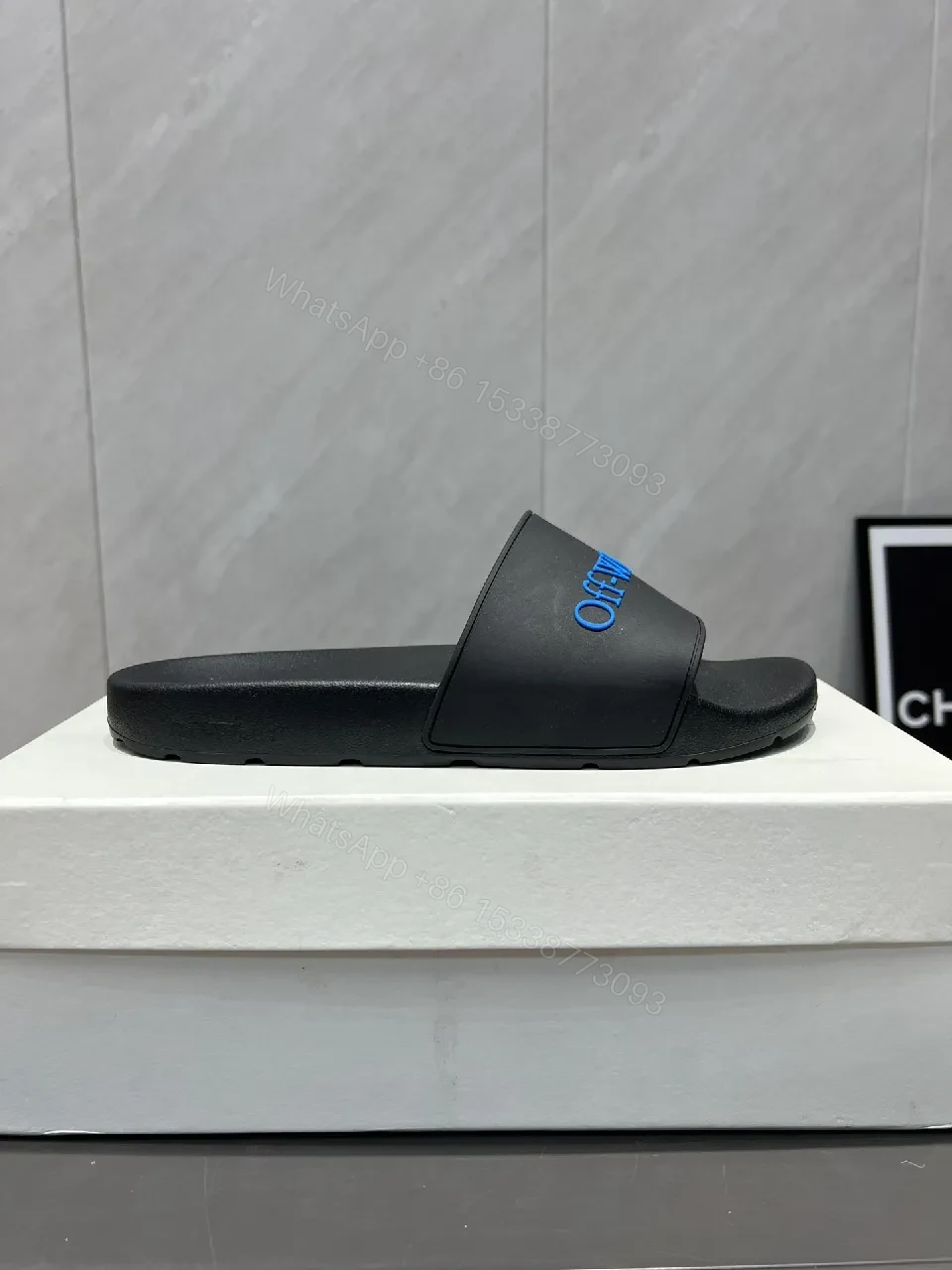 View 7 of Black Synthetic Slides | EVA Comfort | Minimal Luxe Edge + Blue Logo