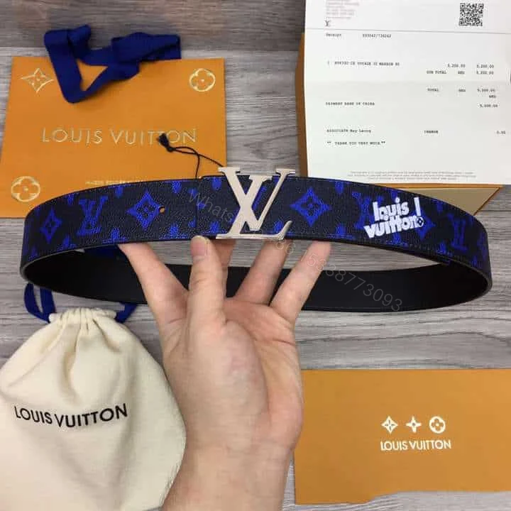 View 2 of LOUIS VUITTON INITIALES EVERYDAY LV 40MM REVERSIBLE BELT BLUE MONOGRAM BLACK CALF LEATHER – B79
