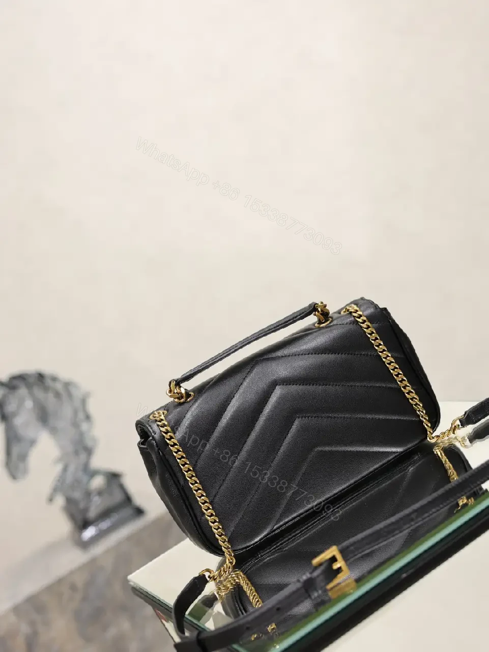 View 9 of Black Leather Structured Shoulder Bag Envelope Flap with YSL Logo Product Type