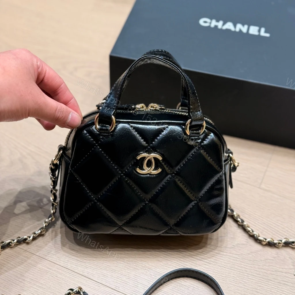 View 2 of Chanel Mini Bowling Bag Shiny And Gold Tone Black 18cm