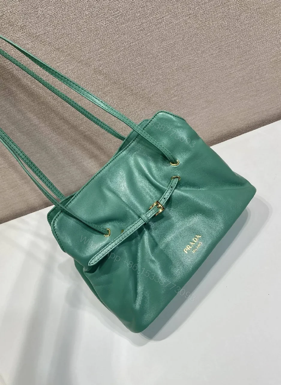 View 8 of Green Leather Drawstring Shoulder Bag - Minimalist Luxe