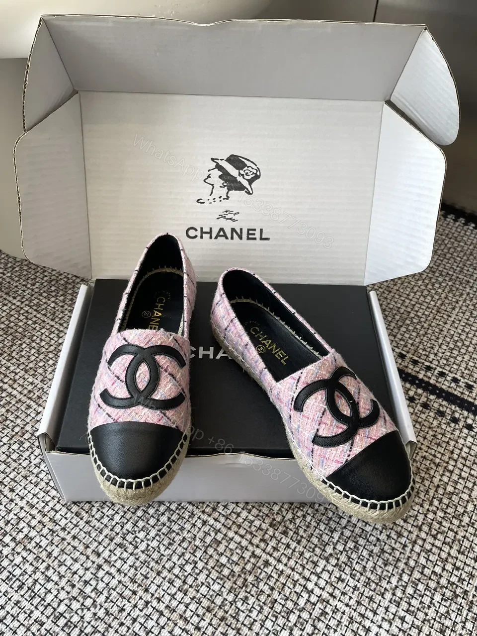 View 2 of Pink Tweed Espadrilles – Black Toe, Logo Detail, Slip-On Comfort