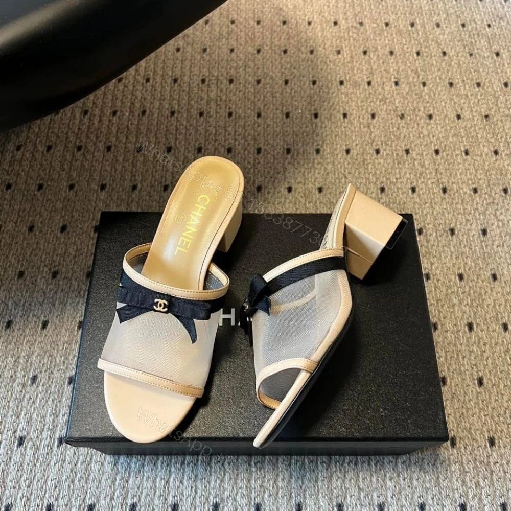 View 5 of Chanel Mesh Bow Block Heel Mules Beige And Black