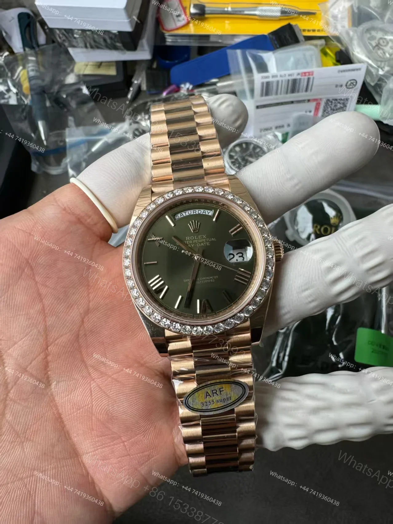 View 2 of Rolex Day-Date M228345RBR-0011 1:1 Replica Olive Green Dial Moissanite Bezel 40MM 3255 Movement Presidential Bracelet Super Clone Watch