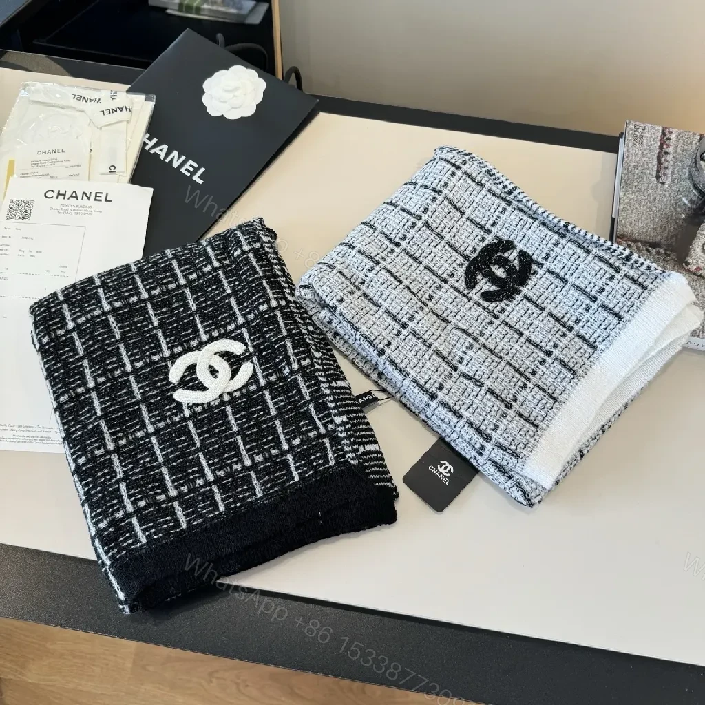 View 8 of Monochrome Knit Scarf-Wrap: Luxe Logo Detail, Grid Pattern