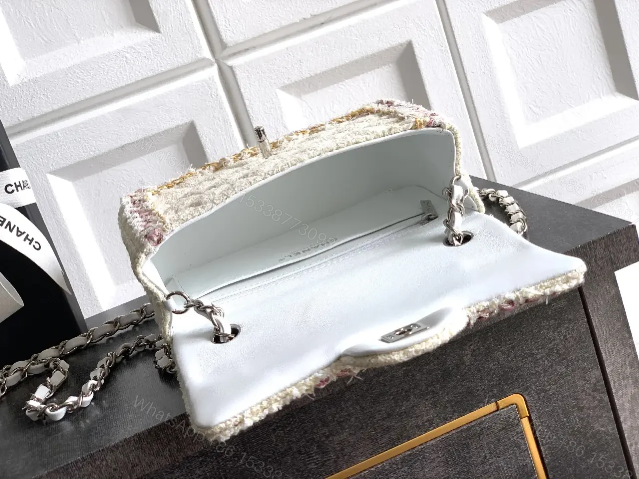 View 2 of Quilted Mini Bag: Ivory-Texture Couture, Floral Edge, Chain