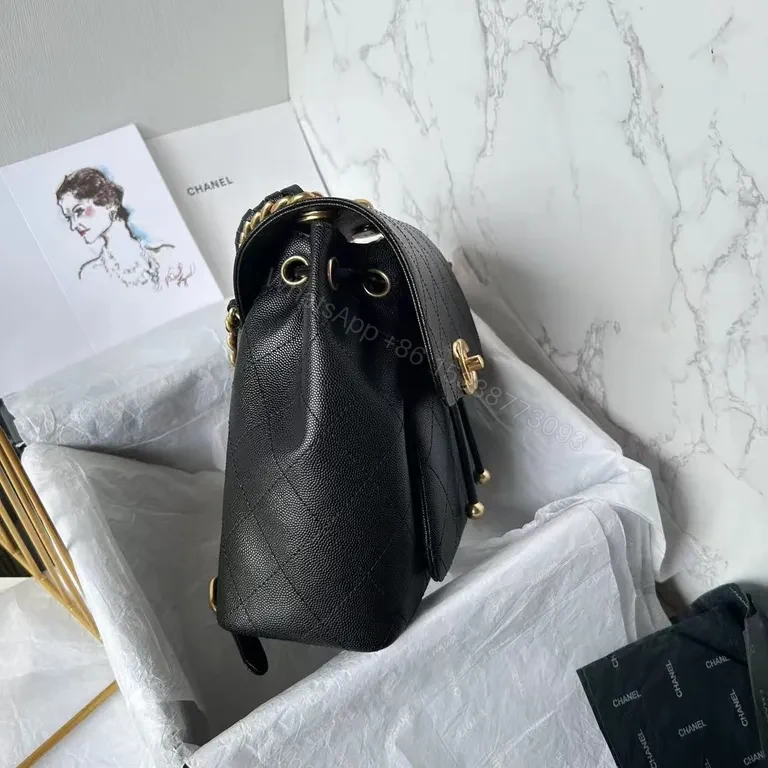 View 4 of Chanel-Inspired Quilted Leather Backpack with Gold Hardware